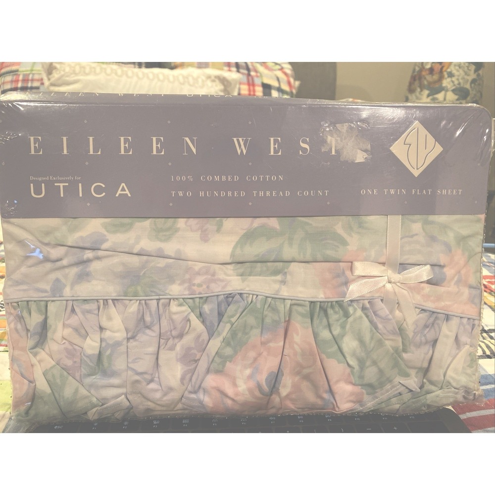 Eileen West Utica Rose Garden II Twin Flat Sheet Ruffle Pastel Floral Cotton 90s